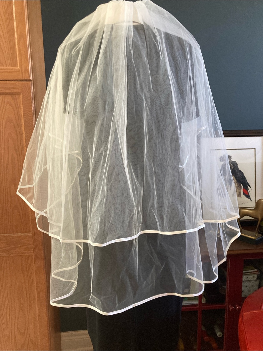 Double layer white veil with pretty ribbon trim. 29” top layer +  37” fingertip